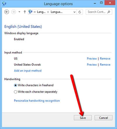 Step 10 of changing the keyboard layout on Windows 8: Save your changes.