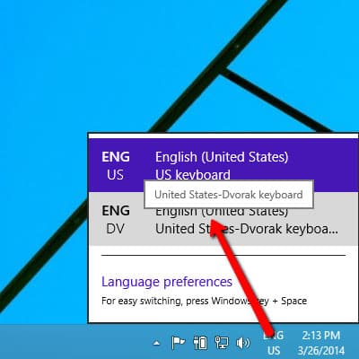 Step 12 of changing the keyboard layout on Windows 8: Switch to the layout you just added.