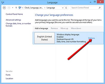 Step 5 of changing the keyboard layout on Windows 8: Click “Options” to change language preferences.