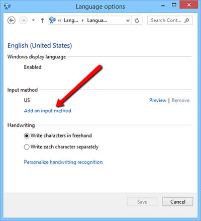 Step 6 of changing the keyboard layout on Windows 8: Add an input method.