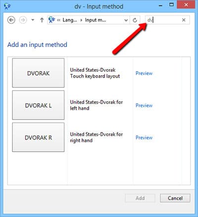 Step 7 of changing the keyboard layout on Windows 8: Find the keyboard layout. You can use search to filter the list.