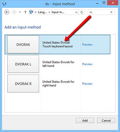 Step 8 of changing the keyboard layout on Windows 8: Choose a layout, e.g. Dvorak.