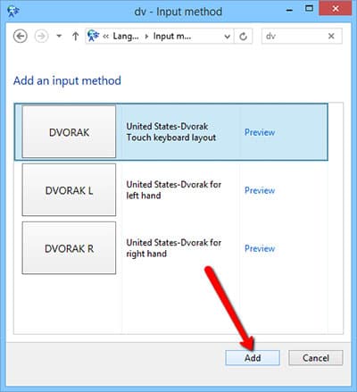 Step 9 of changing the keyboard layout on Windows 8: Click “Add”.