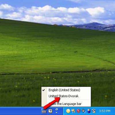 Step 11 of changing the keyboard layout on Windows XP: Switch to the layout you just added.