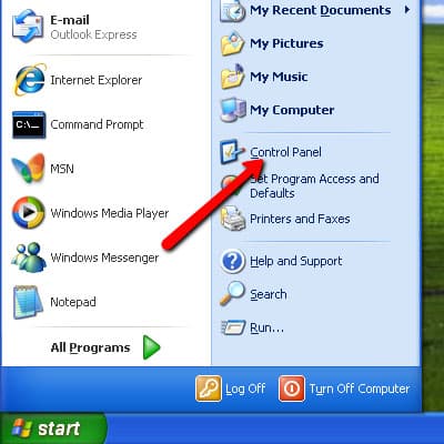 Step 2 of changing the keyboard layout on Windows XP: Click “Control Panel”.