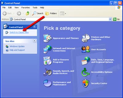 Step 3 of changing the keyboard layout on Windows XP: Switch to Classic View.