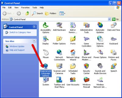 Step 4 of changing the keyboard layout on Windows XP: Click “Regional and Language Options”.