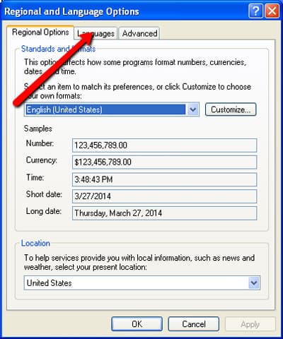 Step 5 of changing the keyboard layout on Windows XP: Go to the “Languages” tab.