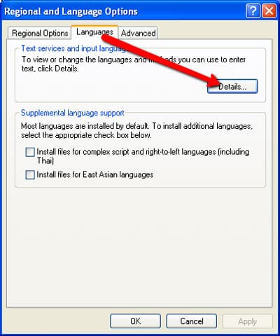 Step 6 of changing the keyboard layout on Windows XP: Open “Details”.