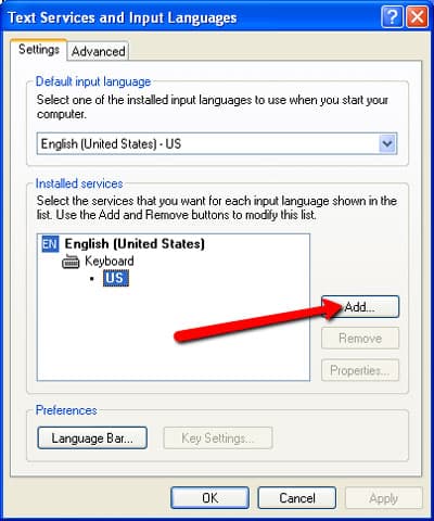 Step 7 of changing the keyboard layout on Windows XP: Add a new input.