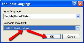 Step 8 of changing the keyboard layout on Windows XP: Choose the layout you want, e.g. United States-Dvorak, and click “OK”.
