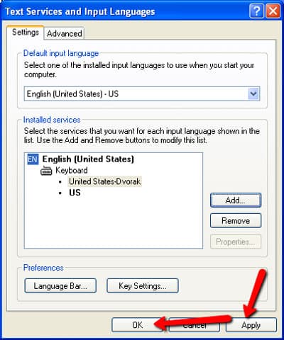 Step 9 of changing the keyboard layout on Windows XP: Apply the changes.